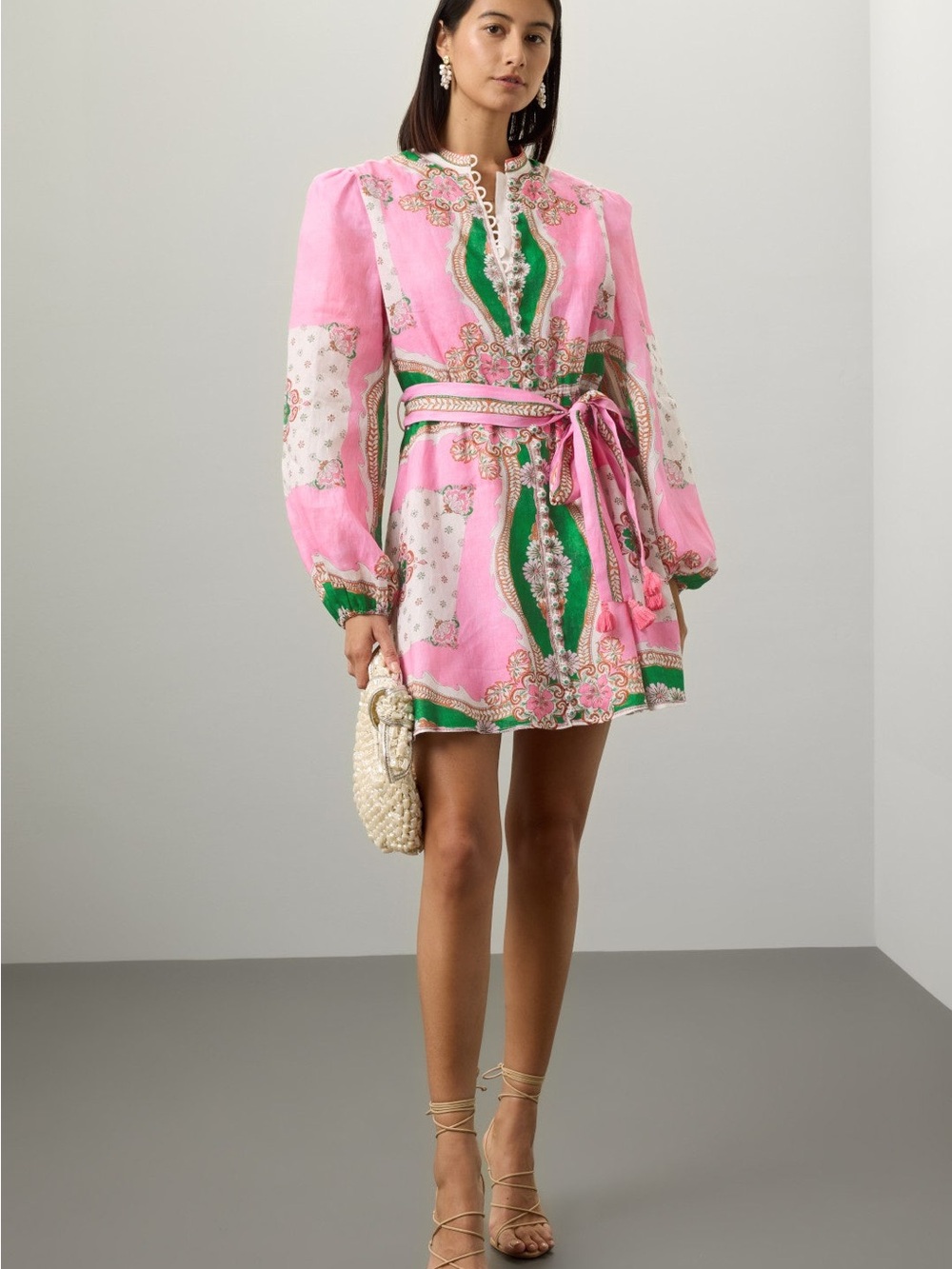 Kate Ford Mantilla Mini Dress Zinnia Pink Green Linen Belted Size 2